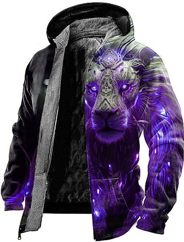  Herre Dyr Løve Grafiske tryk Hattetrøje Hættetrøjer Sweatshirt Daglig Klassisk Afslappet Langærmet Hætte Ferierejse Ferie I-byen-tøj Rød Blå Lilla Orange Fleece Vinter Designer S M L XL XXL XXXL