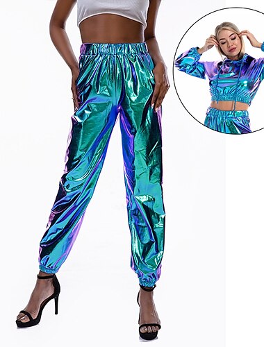  Sets mit glänzendem Crop-Top, Kapuzenpullover, Cargohose, Damen-Hip-Hop-Tanz-Outfits, laserholografisch glänzenden 1980er-Jahre-Cosplay-Kostümen