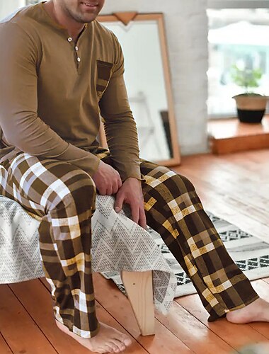  Herren Hausanzug Schlafanzüge Schlafanzug Set Pyjama-Oberteil und Hose 2 Stück Plaid Stilvoll Brautkleider schlicht Komfort Heim Täglich Baumwollmischung Komfort Henley Langarm T Shirt Hose Kordelzug