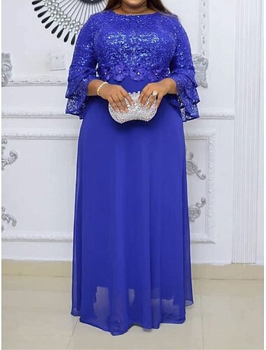  Damen Übergröße Ballkleid abendkleider Spitzenkleid kleid lang Rosa Blau Purpur 3/4 Ärmel Glatt Spitze Sommer Frühling Herbst Rundhalsausschnitt Elegant kleid hochzeitsgast Geburtstag