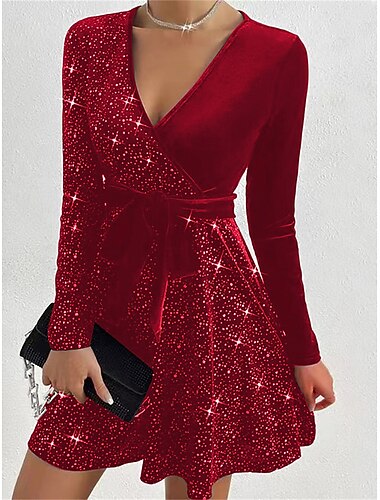  Damen schwarzes Kleid Samtkleid Paillettenkleid Samt Pailletten Glitzer V-Ausschnitt Langarm Minikleid Winterkleid Schwarz Rot Herbst Winter