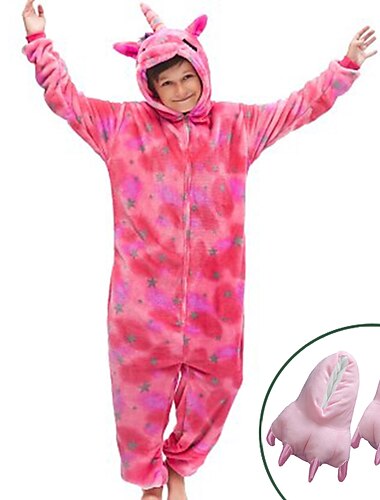  Set mit Flanell-Einteiler, Kigurumi-Pyjama, Krallenhausschuhen, 2-teiliges Set, Nachtwäsche, Tarnung, süßes Einhorn, Regenbogen-Tier, gemütliche Unisex-Hauskleidung für Kinder, Unisex