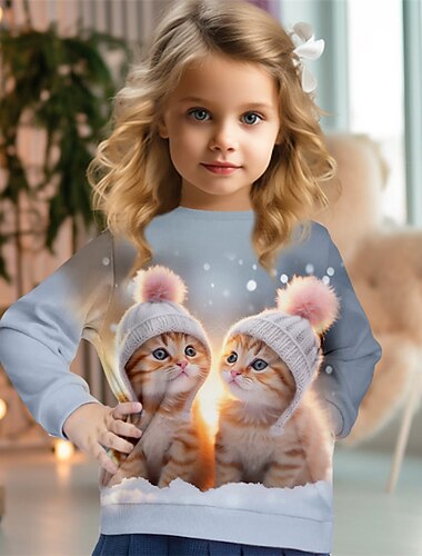  Da ragazza 3D Gatto Felpa Pullover Manica lunga Stampa 3D Autunno Inverno Di tendenza Streetwear Adorabile Poliestere Bambino 3-12 anni Girocollo Esterno Informale Giornaliero Standard