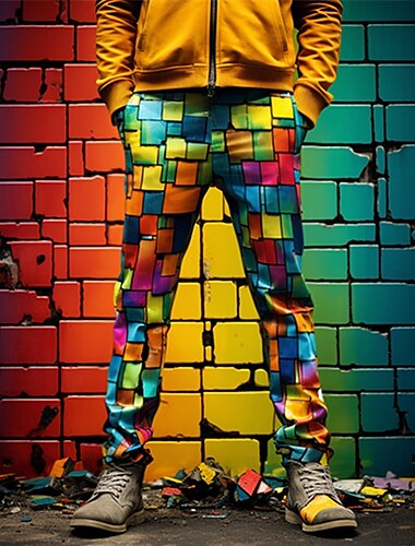  Färgblock Färgglad Glas Affär Abstrakt Herr 3D-utskrift Kostymbyxor Byxor Utomhus Dagliga kläder Streetwear Polyester Mörkgrå Blå Purpur S M L Medium Midja Elasticitet Byxor