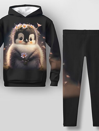  Da ragazza 3D Pinguino Set con cappuccio e leggings Manica lunga Stampa 3D Autunno Inverno Attivo Di tendenza Giornaliero Bambino 3-12 anni Esterno Da mare Appuntamento Standard