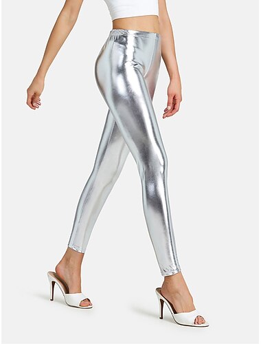  Damen Leggins Modisch Sexy In voller Länge Mittlere Taillenlinie Glatt Elastische Taille Glänzend Matallic Atmungsaktivität Weich Komfortabel Mikro-elastisch Party Strasse Ausgehen Silber Rosa Gold