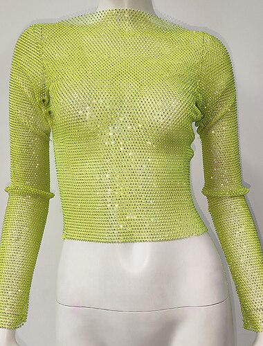  Metallisch Glitzern Sexy Hemd Transparente Mesh-Strass-Abdeckung Disco Damen Karneval Party Club Erwachsene Oberteil