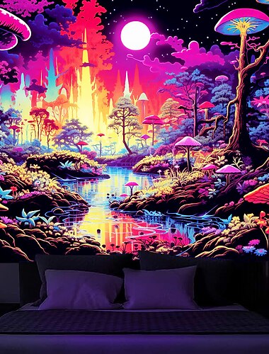  Tapisserie à lumière noire réactive aux UV qui brille dans le noir, décoration murale suspendue en forme de champignon, de forêt brumeuse et de néon, pour salon, chambre à coucher