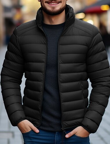  Men's Puffer Jacket Quilted Jacket Zipper Pocket Polyster Pocket Office & Career Date Casual Daily Regular Keep Warm Outdoor Casual Sports Winter Plain Black Red Dark Navy Royal Blue Puffer Jacket