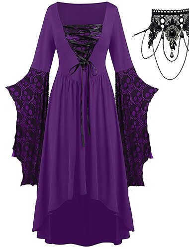  Sets mit mittelalterlichem Kleid mit Glöckchenärmeln, Spitzen-Tattoo, Halskette, 2 Stück, Retro-Vintage-Punk-Gothic-Stil, Hexen-Outfits, Damen-Cosplay-Kostüm, Karneval, Party, lässig, täglich
