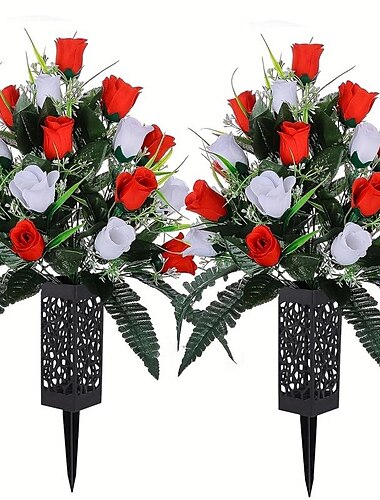  1 pieza de flores artificiales para cementerio, rosas, decoraciones para tumbas al aire libre, rosas, colores duraderos y sin sangrado, rojo y blanco, sin jarrón de cementerio