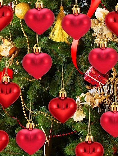  12 قطعة من زينة شجرة الكريسماس، تخطيط المشهد، هدية عيد الحب، زينة على شكل قلب أحمر