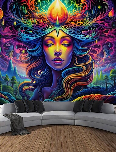  Schwarzlicht-Wandteppich, UV-reaktiv, leuchtet im Dunkeln, Goddness Trippy Misty Naturlandschaft, hängender Wandteppich, Wandkunst-Wandbild für Wohnzimmer, Schlafzimmer