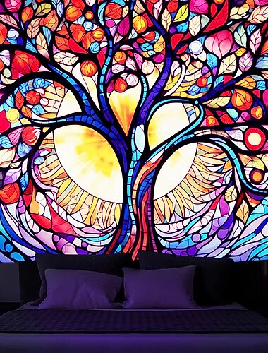  Baum des Lebens, Schwarzlicht-Wandteppich, UV-reaktiv, leuchtet im Dunkeln, gefärbt, trippy neblige Naturlandschaft, hängender Wandteppich, Wandkunst-Wandbild für Wohnzimmer, Schlafzimmer