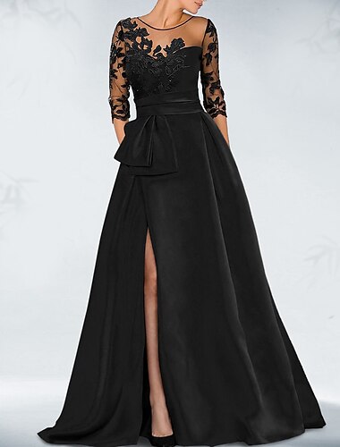  גזרת A שמלות ערב שמלה שחורה קטנה שמלה אורחת חתונה קיץ שובל קורט שרוול 4\3 עם תכשיטים סאטן עם חרוזים שסע אפליקציות 2024