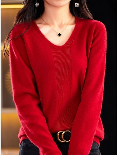  Femme Pull Mode Décontractées Flexible Couleur unie A côtes Col V Tricoté manche longue Hauts réguliers Tricoter Extérieur du quotidien Sortie Vert forêt Cerise rouge Automne Hiver