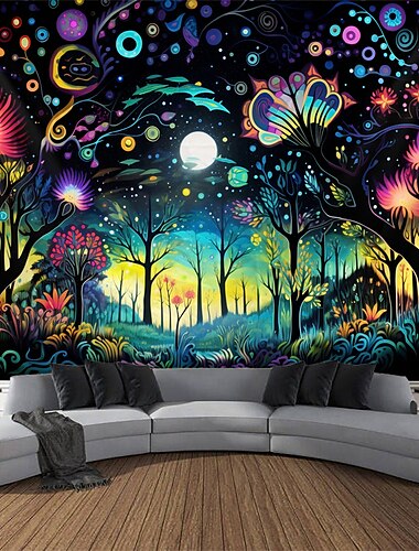  Schwarzlicht-Wandteppich, UV-reaktiv, leuchtet im Dunkeln, Blume, trippy neblige Naturlandschaft, hängender Wandteppich, Wandkunst-Wandbild für Wohnzimmer, Schlafzimmer