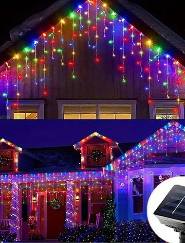  1 stk led solcelle-istaplys, 4m-96leds 8 moduser, vanntett gardin-istaplys fee-julelys, tak, kommersiell gatedekorasjon