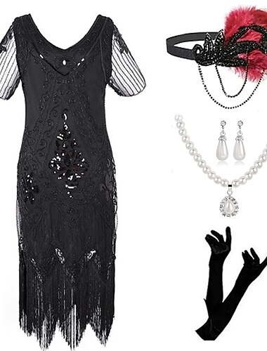  Retro Vintage Roaring 20s 1920s Flapper Dress Outfits Accessories Set The Great Gatsby Wedding Guest Sequins Tassel Fringe Sequin Tassel V Neck Women's Halloween Carnival Masquerade Carnival Party
