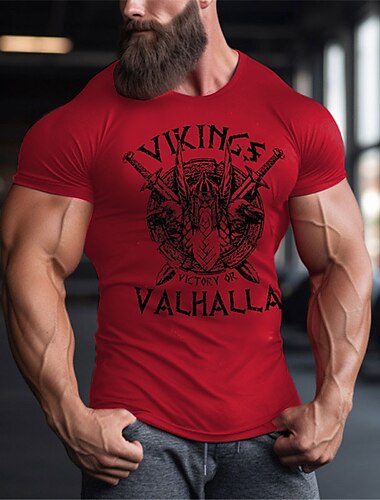  Herren Wikinger T Shirt T-Shirt Baumwolle Kurzarm Grafik Hemd Schwarz Weiß Rote Bequemes T-Shirt Sport im Freien Ferien Modedesigner-Kleidung