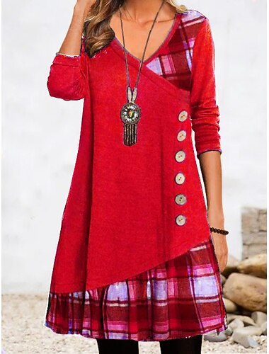  Per donna Abito casual Abito a T shirt Abito scozzese Mini abito Verde scuro Manica a 3/4 A quadri Increspato Inverno Autunno Primavera A V Moderno Fine settimana 2023 S M L XL 2XL 3XL