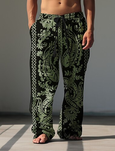  Blumen-Paisley-Vintage-Herrenhose mit 3D-Druck, Outdoor-Straße, Ausgehen, Polyester, Schwarz, Braun, Grün, S, M, L, mittlere Taille, elastische Hose