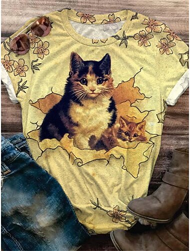  dámské tričko móda kočičí potisk krátký rukáv běžné topy kulatý výstřih denní víkend černá žlutá tmavě modrá béžová letní