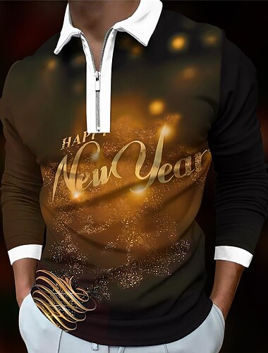  natal ano novo carta colorido casual masculino zíper polo manga longa ao ar livre casual diário streetwear outono&amp;inverno 3d impressão turndown zip azul roxo marrom micro-elástico poliéster