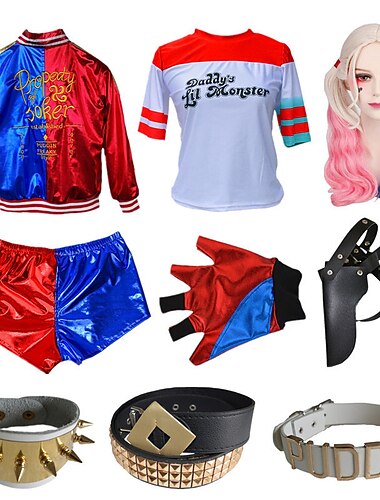  Harley Quinn Joker Selbstmordkommando Cosplay Kostüm Outfits Cosplay-Kostüm Film Cosplay for Damen Mädchen Kinder Erwachsene Halloween Kindertag
