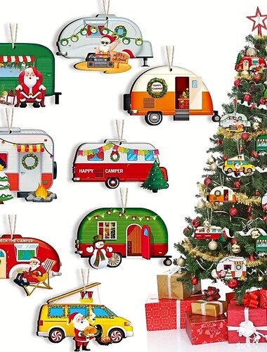  24 stuks happy camper kerstversiering caravan houten kerstboom decoratie vintage kerstman rv trailer hangende ornamenten voor vakantiehuis feest ambachten scène decor kamer decor huisdecoratie