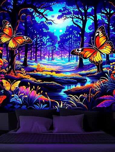  blacklight שטיח uv תגובתי זוהר בחושך זוהר מסיבת ניאון פרפרי יער טריפי ערפילי תלוי שטיח קיר אמנות קיר לחדר שינה בסלון