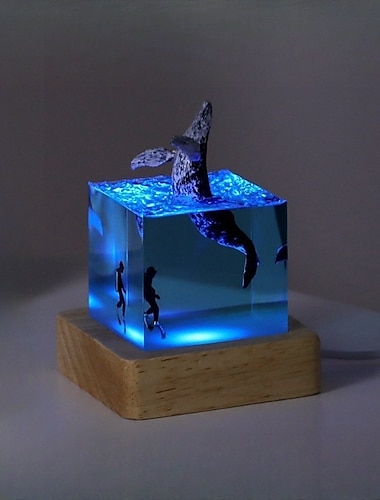  Ballena jorobada de resina marina, adorno de cubo de 5cm/2 pulgadas, miniluz nocturna luminosa, regalo de cumpleaños y Navidad