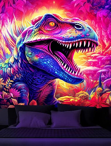  Tapisserie murale à lumière noire avec dinosaures, réactive aux UV, phosphorescente, fête, néon, trippant, brumeux, floral, nature, paysage, décoration murale pour salon, chambre à coucher