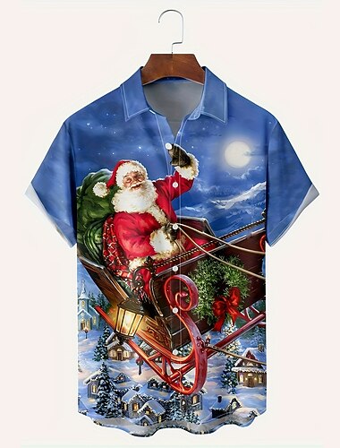  Weihnachten Herren Weihnachtsszene Hawaiihemd Farbblock Weihnachtsmann Elch Casual Aloha Outdoor Kleidung Alltagskleidung Streetwear Herbst Turndown Kurzarm Schwarz Rot Burgund S M L Polyester Normal