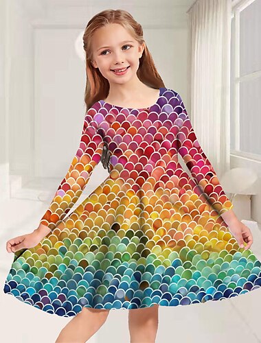 Mädchen' 3D Meerjungfrau Farbverläufe Kleid Langarm 3D-Druck Herbst Winter Urlaub Sport & Natur Täglich Kuschelig Brautkleider schlicht Schön kinderkleidung 3-12 Jahre Casual kleid A Linie Kleid