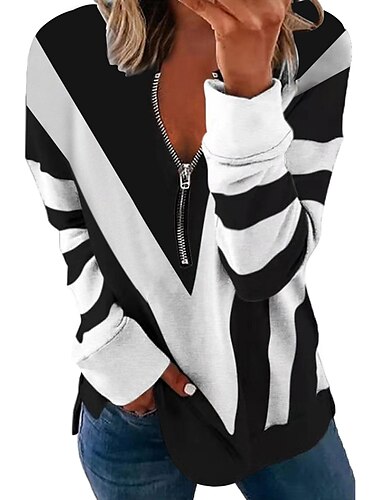  Damen Zip-Up Sweatshirt Pullover Farbe Block Abstrakt Freizeit Reißverschluss Straßenbekleidung Grundlegender V-Ausschnitt Lange Ärmel Frühling  Herbst Herbst  Winter Komfort Atmungsaktiver Weicher