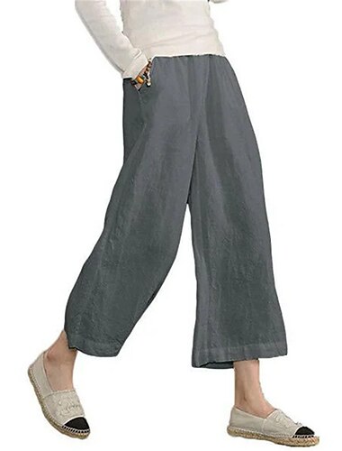  Damen Weites Bein Hose aus Baumwollleinen Mode Streetwear Knöchellang Mittlere Taille Einfach Tasche Elastischer Bund Komfort Atmungsaktivität Weich Mikroelastisch Straße Lässig Alltagskleidung