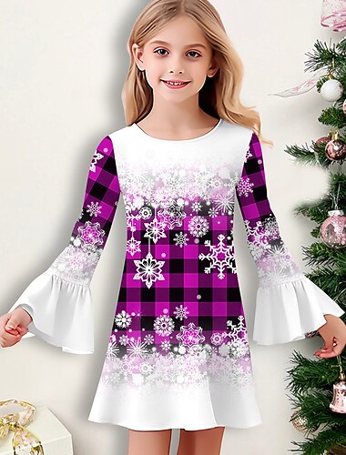  Jenter' 3D Ruter Snøfnugg Snowflake kjole Rysjekjole Langermet 3D-utskrift Høst Vinter Feriereise Sport & Utendørs Daglig søt stil Fritid Vakker Barn 3-12 år Uformell kjole Kjole med A-linje Ovenfor