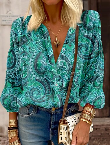  Dames Shirt Mode Casual Paisley Knopen Print Lange Mouwen Reguliere Tops Shirt Kraag Casual Dagelijks Uitgaan Roze Rood Groen Lente   Herfst