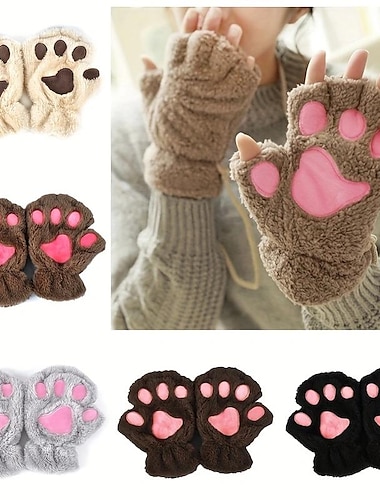  Süße Katzenpfoten-Plüschhandschuhe, Winter-Halbfinger-warme Cartoon-Katzenklaue-Handschuhe, verdickte, weiche, kurze Touchscreen-Handschuhe