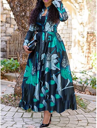  Mulheres Vestido Longo Vestido Maxi Vestido casual Vestido Swing Vestido estampado Moda Roupa de rua Maduro Ao ar livre Férias Diário Normal Floral Manga Longa Pescoço Dividido Vermelho Roxo Verde