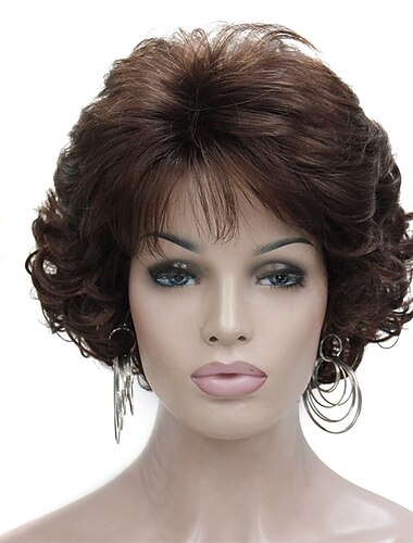  Peruca curta encaracolada ondulada marrom escuro com franja de cabelo 100% importado premium sintético moda perucas de cabelo marrom para mulheres (marrom)