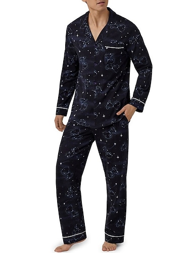  Hombre Ropa de salón Pijama Conjunto pijama Top y pantalón de pijama 2 Piezas Estampados Elegante Casual Confort Hogar Diario Mezcla de Algodón Comodidad Diseño Manga Larga Camisa Pantalón Correa