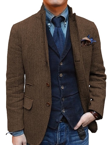  мужской ретро винтажный твидовый пиджак с узором «елочка» спортивное пальто обычный плюс размер однобортный с двумя пуговицами черный шампанский бордовый синий 2024
