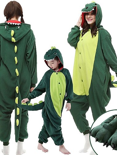  Set mit Flanell-Einteiler, Kigurumi-Pyjama, niedliche passende Krallen-Hausschuhe, Kinder- und Erwachsene-Dinosaurier-Pyjama, Cosplay-Kostüm für Unisex, Weihnachten, Tier-Nachtwäsche,