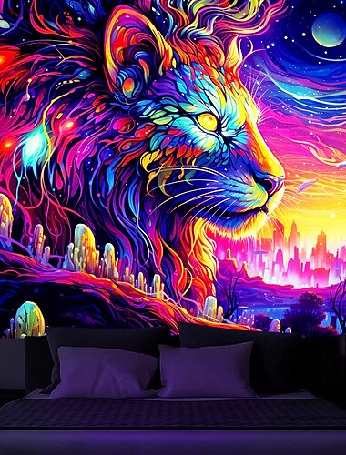  blacklight שטיח uv תגובתי זוהר בחושך זוהר מסיבת ניאון טריפי ערפילי אריה יער תלוי שטיח קיר אמנות קיר לחדר שינה בסלון
