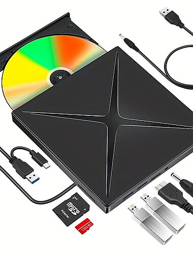  Externes DVD-Laufwerk/CD-Laufwerk für Laptop, USB 3.0, tragbares CD-DVD-/RW-Laufwerk, DVD-Player für Laptop, CD-ROM-Brenner mit 3 USB-Anschlüssen und TF/SD-Kartensteckplätzen, optisches Laufwerk für