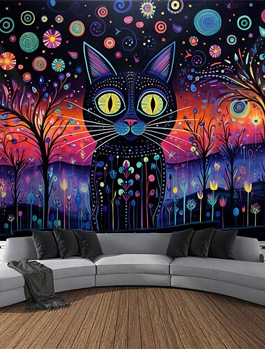  Schwarzlicht-Wandteppich, UV-reaktiv, leuchtet im Dunkeln, zwei Katzen, neblige Naturlandschaft, hängender Wandteppich, Wandkunst-Wandbild für Wohnzimmer, Schlafzimmer
