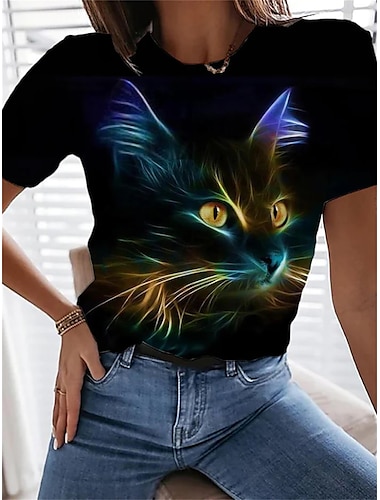  女性用 Tシャツ 猫 プリント 日常 週末 ファッション 半袖 ラウンドネック ブラック 夏