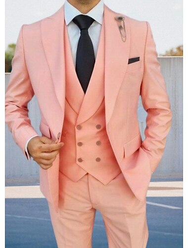  ピンク メンズ ウェディング スーツ ソリッド カラー 3 ピース デイリー プラスサイズ ピークカラー シングルブレスト 1 ボタン 2024